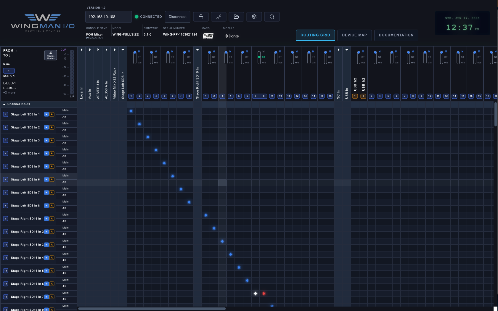 WingMan I/O Routing Grid screenshot showing a visual routing matrix